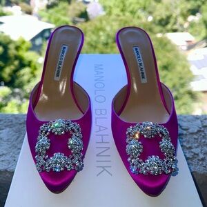 Manolo Blahnik Fuchsia Satin Crystal-Embellished Mules